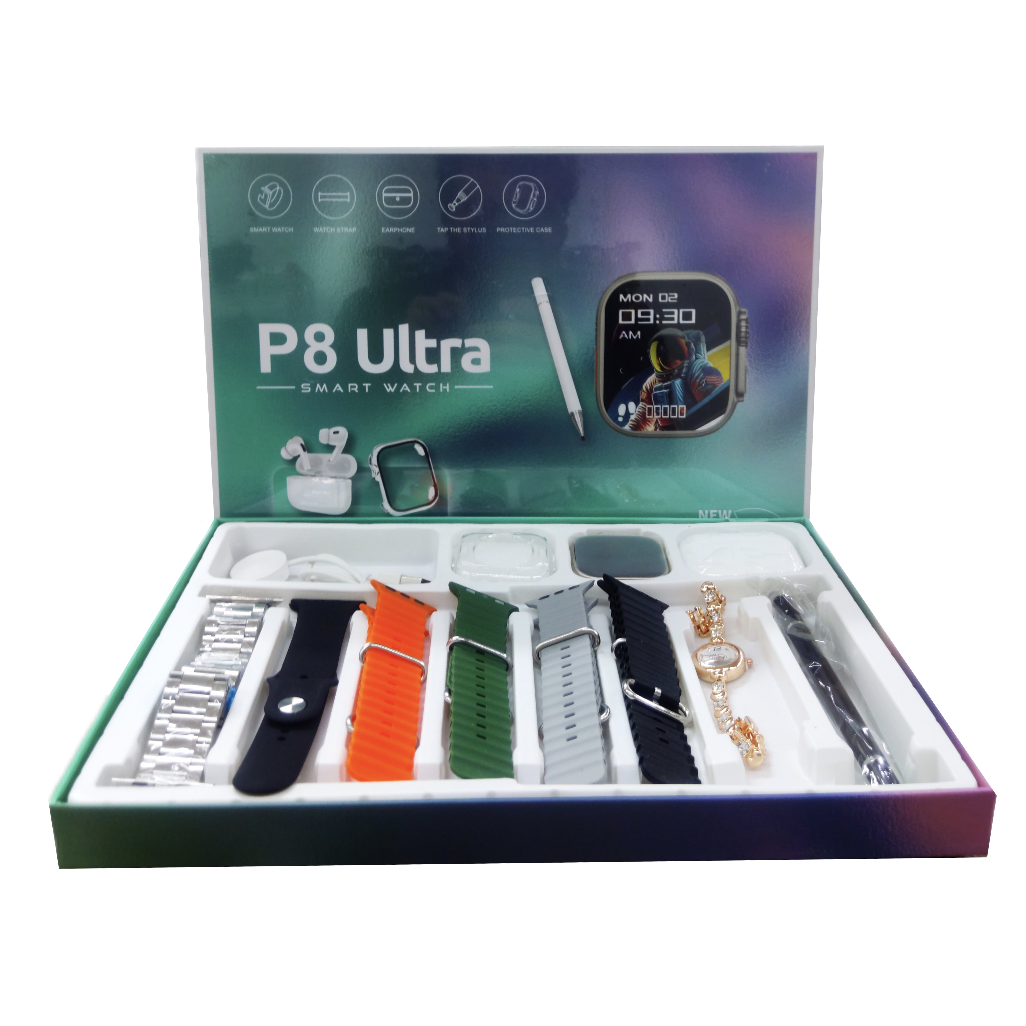 پک ساعت هوشمند p8 ultra  همراه با ایرپادپرو،ساعت زنانه و قلم لمسی